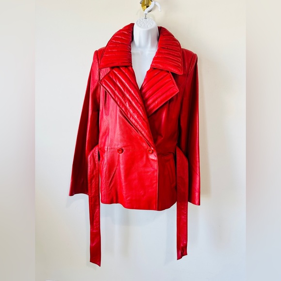 Vintage Red Genuine Leather Quilted Lapel Double Breasted Belted Waist Jacket 10 - Picture 4 of 11